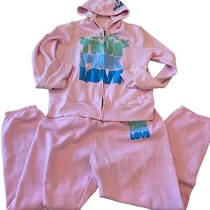 Vintage VS PINK True Pink Love Retro Zip Hoodie & Sweatpants Set Y2K Pink Fleece